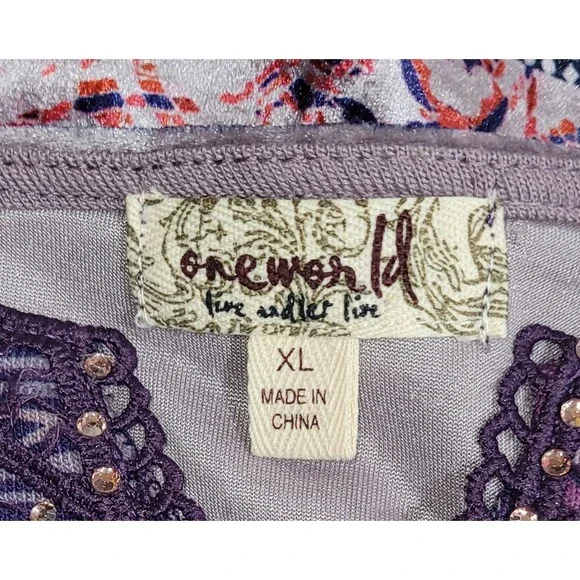 One World Violet Charming Art Purple Paisley Lace Embellished Tunic Top XL - Picture 2 of 15